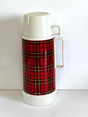 Vintage Red Plaid Thermos King Made In Canada Large Insulated Plastic Bottle